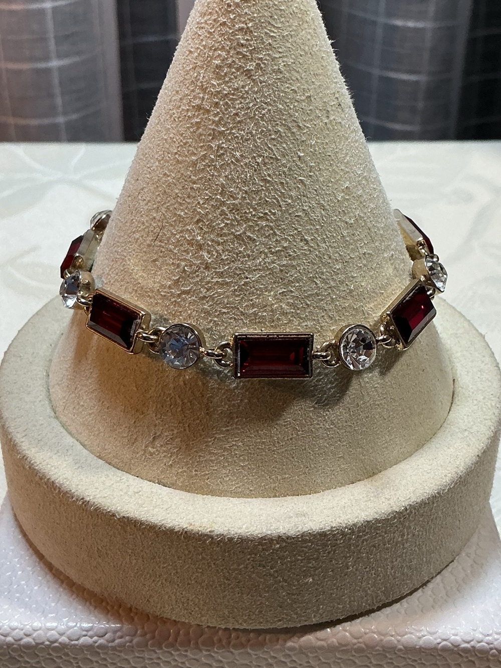 Red Elbaite Color Glass & Clear Crystal Gold Tone Bracelet